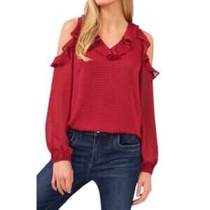 CeCe Ruffled Cold Shoulder Clip Dot Blouse Red Size Large NWOT $89 MSRP